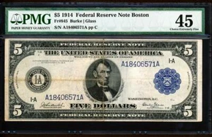 Fr.845 1914 $5 BOSTON FRN "BURKE-GLASS" SIGNATURES PMG 45 XF RARE COLLECTIBLE - Picture 1 of 2