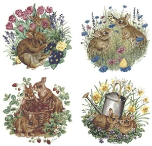 Calcomanías de cerámica tobogán acuático Brown Bunny Rabbit Garden 4 piezas 3"" X 2-3/4"" sobreesmaltado - Imagen 1 de 1