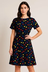 ModCloth Cherry Pop Belted A-Line Dress Black Size Small - Picture 1 of 5