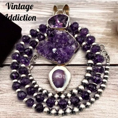 Designer ARYA Sterling Amethyst Cowrie Shell Pendant W/19" Navajo Pearl Necklace - Image 1 of 4
