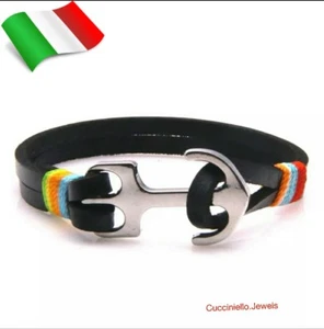 Bracciale Uomo Donna con ancora acciaio inox , pelle nera .Moda Nautica - Foto 1 di 4