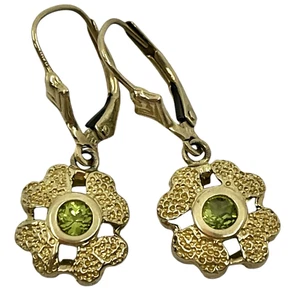 13k Solid Yellow Gold Four Leaf Clover Flower Peridot Drop Dangle Earrings - Picture 1 of 4