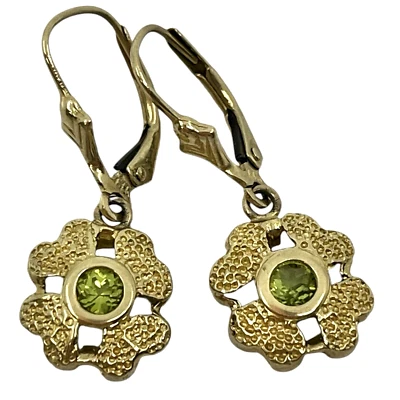 Four Leaf Clover Flower Peridot Drop Dangle Earrings in 13k Solid Yellow Gold - Image 1 of 4