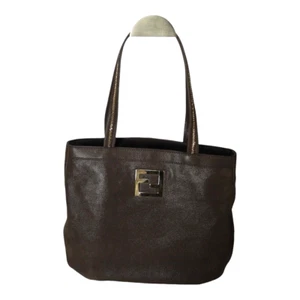 Fendi FF LogoTote Bag Dark Brown Calf Leather with Card Handbag Shoulder Bag - Picture 1 of 19