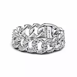 Pandora Pavé Cuban Chain Ring 193557C01-56 - Sterling Silver, Cubic Zirconia, Si - Picture 1 of 5