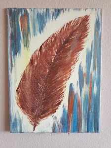 Handmade Painting Acrylic Art Panel 12x9x1/16in Decor Feather - Picture 1 of 7