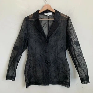 Patsy Seddon Shirt Black Sheer Embroidered Abstract Print Button Front Size 10  - Picture 1 of 6