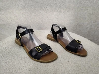 Sandalias para mujer Montego Bay Club 9 negras de cuero PU punta abierta tobillo envolventes zapatos planos Foto 1 de 4