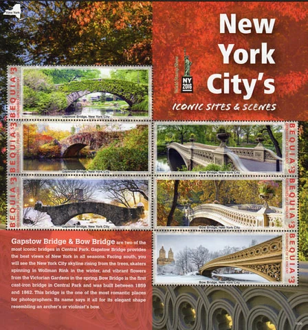 Bequia 2016 - New York city's Gapstow & Bow bridge souvenir sheet of 6 stamp mnh Cover