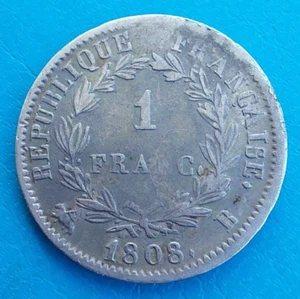 France, Napoleon I, 1 Silver Franc 1808 B Rouen, Km 682.2 - Picture 1 of 4