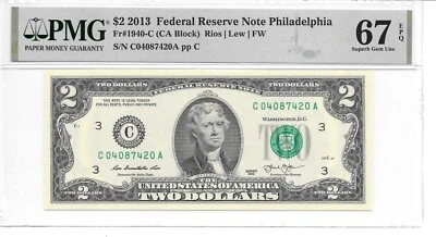 2013 Philadelphia $2 FRN (CA Block) PMG 67 EPQ Superb Gem Uncirculated - Image 1 of 4