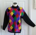 Vtg 80s 90s Black Vibrant Diamond Argyle Furry Angora Lambswool Sweater M L EUC