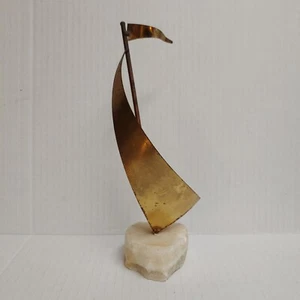 Brass Sailboat On Onyx Stone Abstract Patina Brutalist Nautical Figurine MCM Vtg - Picture 1 of 12