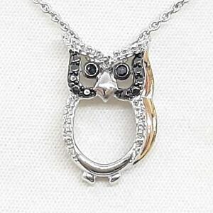 Genuine .22ctw Fancy Black H-SI Diamond 14K Yellow Gold 925 Silver Owl Necklace