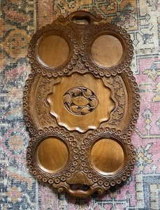 Vintage Wooden Hand Carved Serving Tea Tray Leaves & Flowers Ornate 21x13” - Picture 1 of 6