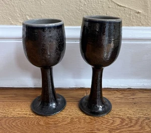 Coppia Calici Studio Arte Ceramica Calice Vino Gres Fatti a Mano Firmati Gotico - Foto 1 di 12
