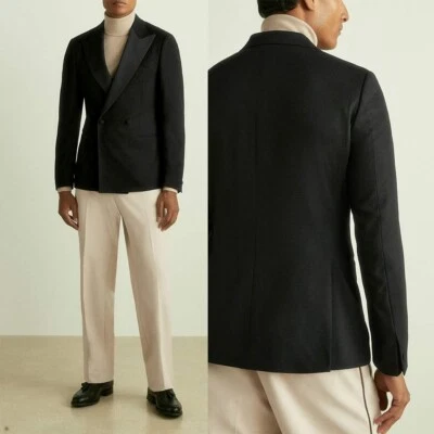 Hombre Negro Doble Pecho Traje Pico Solapa Esmoquin Personalizado Fiesta Boda Elegante Foto 1 de 4