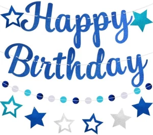 Blue Birthday Decorations, Pre-Strung Happy Birthday Banner with Stars and Circl - Picture 1 of 12