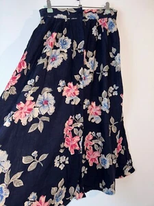 Bohemian Skirt Size 10 Long Navy Floral Button Front Pockets FLAW Boho Vintage - Picture 1 of 15