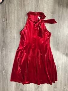 GB Girls Sleeveless Tied-Bow Halter Neck Velvet Pleat Shift Dress Scarlet Sz 16 - Picture 1 of 11