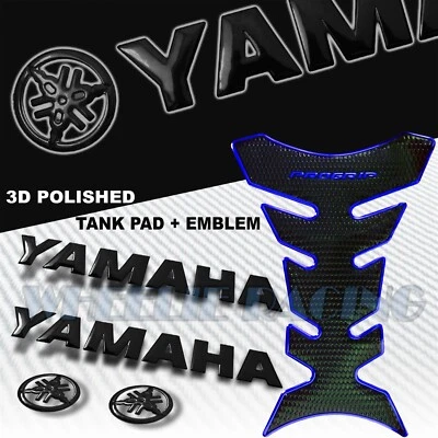 CHROMED BLUE PRO GRIP FUEL TANK PAD+6"BLACK 3D YAMAHA LOGO+LETTER EMBLEM STICKER - Image 1 of 4
