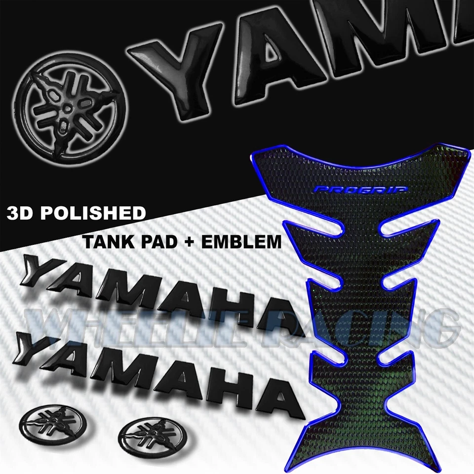 ALMOHADILLA DE TANQUE DE COMBUSTIBLE AZUL CROMADO PRO GRIP + LOGOTIPO DE YAMAHA 3D NEGRO 6" + PEGATINA EMBLEMA LETRA Foto 1 de 4
