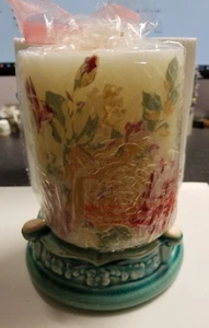 Cabbage Yellow Pink Roses Ivory Pillar Candle with Green Ceramic Holder Base  7" - Picture 1 of 6
