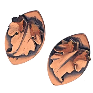 Vintage Copper Screw Back Earrings Dimensional Applied Leaf Motif - Picture 1 of 5