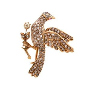 Antique Rose Cut Diamond Ruby 18K Yellow Gold Dove Brooch - Picture 1 of 5