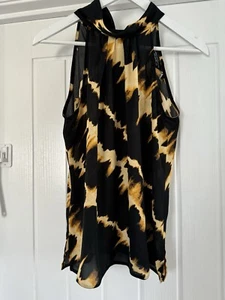 DOROTHY PERKINS LADIES BLACK/GOLD HALTERNECK BLOUSE UK SIZE 8 - Picture 1 of 5