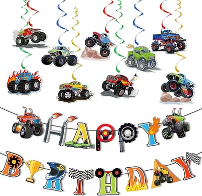 Monster Truck Birthday Banner and 9 Pcs Trucks Themed Hanging Swirls Decorations - Image 1 of 4