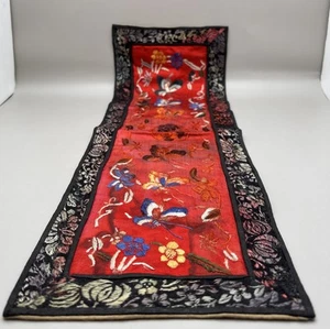 Antique Chinese Embroidered Tapestry Table Runner Hand Stitched Panel Art 20 x 7 - Picture 1 of 16