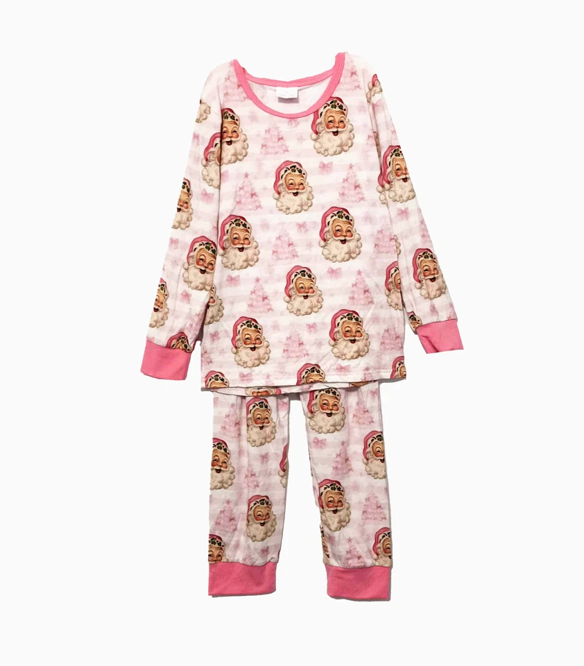 Novo Pijama Boutique Meninas Bambu Tamanho 5-6 Papai Noel Rosa Manga Longa Natal - Imagem 1 de 4
