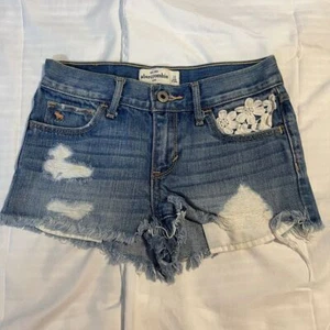 Abercrombie Distressed Denim Shorts with Floral Lace Detail Cutoff Jean Shorts - Picture 1 of 6