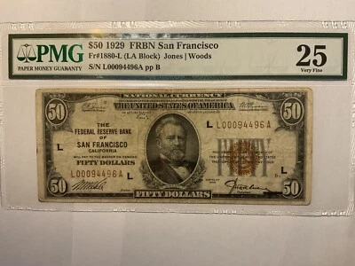 $50 Dollar FRBN San Francisco Brown Seal Very Fine 25 PMG LA block Jones/Woods - Image 1 of 2