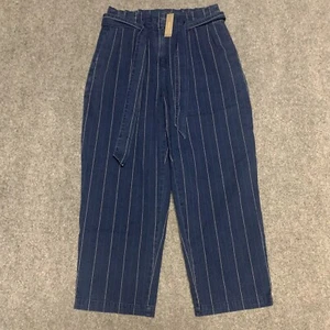 J Crew Paper Bag Pants Indigo Stripe High Rise Wide Leg Size 6 Blue White AN047 - Picture 1 of 9