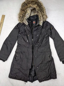 1 Madison Expedition WOMENS Small Black Hooded Zip Close Faux Fur Parka Jacket - Picture 1 of 24