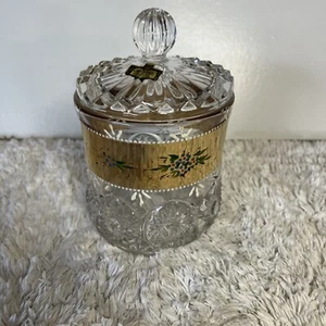 Vintage Cut Crystal W/ Gold Band Vanity Jar, 24% Lead Crystal , 4.5 in Tall - Picture 1 of 13