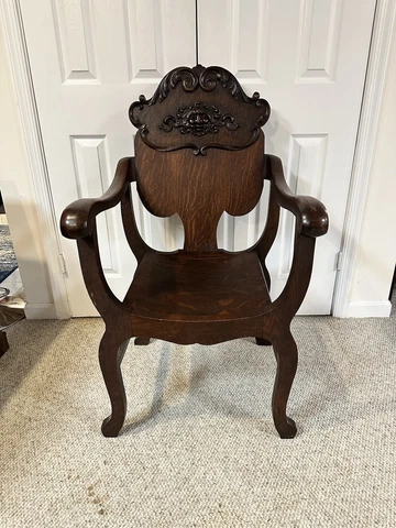 Antique English Quatersawn Oak Parlor Chair with Green Man motif Cover