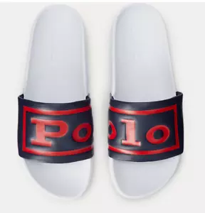 Polo Ralph Lauren Herren Pantoletten Größe 10 Strand Sandalen Marine Rot Neu mit Etikett - Bild 1 von 8
