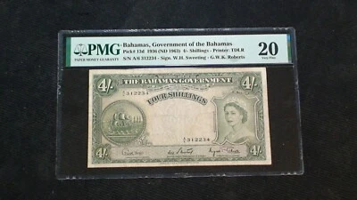 1936 (ND1963) BAHAMAS GOVERNMENT PMG VF20 FOUR SHILLINGS NOTE 4S Bill BUY IT! - Image 1 of 4