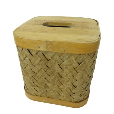 Funda de caja de pañuelos vintage años 90 tapa de madera laterales tejidos hechos a mano Foto 1 de 4