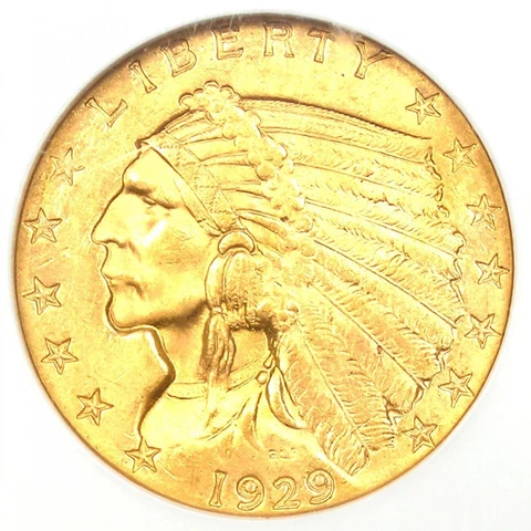 1929 Indian Gold Quarter Eagle $2.50 Coin - Certified NGC MS64 (BU UNC) - Rare! Cover