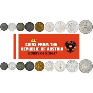 Austria | 9 Coin Set | 1 2 5 10 20 50 Groschen 1 2 5 Schilling | 1946 - 1957 - Picture 1 of 2