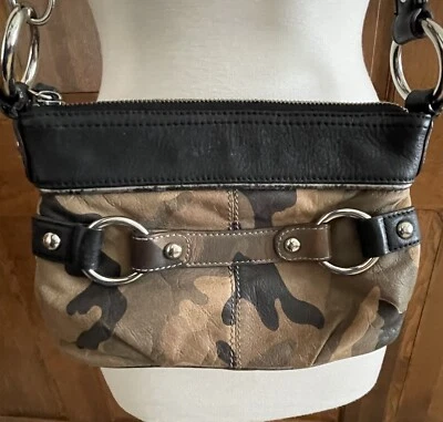 B Makowsky Camouflage Leather Crossbody Shoulder Bag Purse Smaller Sized Zips - Image 1 of 4