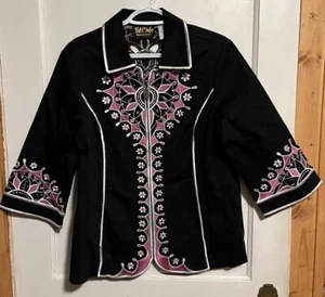 Bob Mackie Wearable Art Jacket M Blk Pink Embroidered Cutout Western Women Zip - Picture 1 of 3