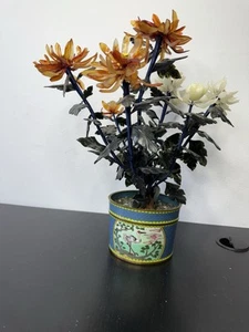 Large CHINESE Cloissonne Enamel Pot Chrysanthemum Jade Flower Blossom 16” Tall - Picture 1 of 12