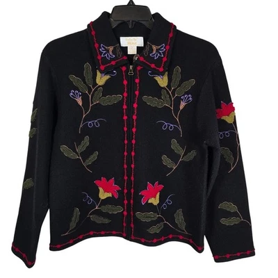Vintage Tally Ho Boiled Wool Jacket Women's M Black Crewel Floral Embroidery  - Image 1 of 4