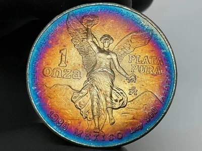 1985 Mexico Libertad Silver 1 Onza Amazing Rainbow Bullseye MONSTER TONED TONER - Image 1 of 4