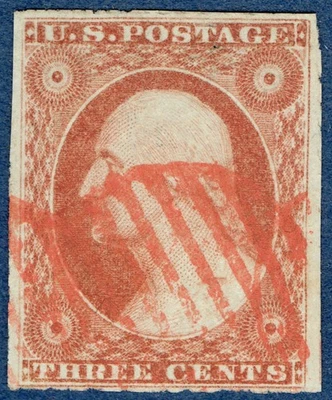 [074] Estados Unidos 1851 Scott #10 o #11 usado 3¢ naranja marrón Washington Foto 1 de 3
